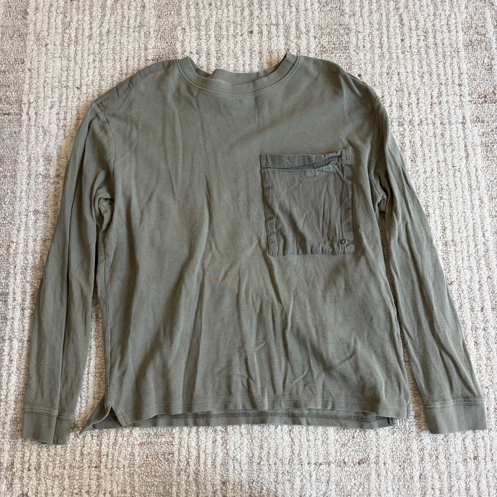 Zara Mens Waffle Knit Thermal Long Sleeve Shirt Olive Green Pocket Large